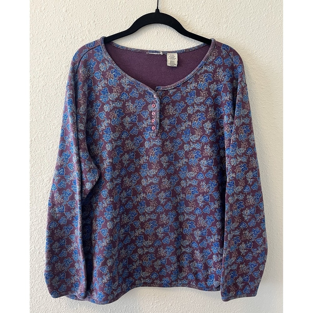 Vintage 90's Women's Henley Thermal Shirt Size 16-18W Purple Floral Boxy